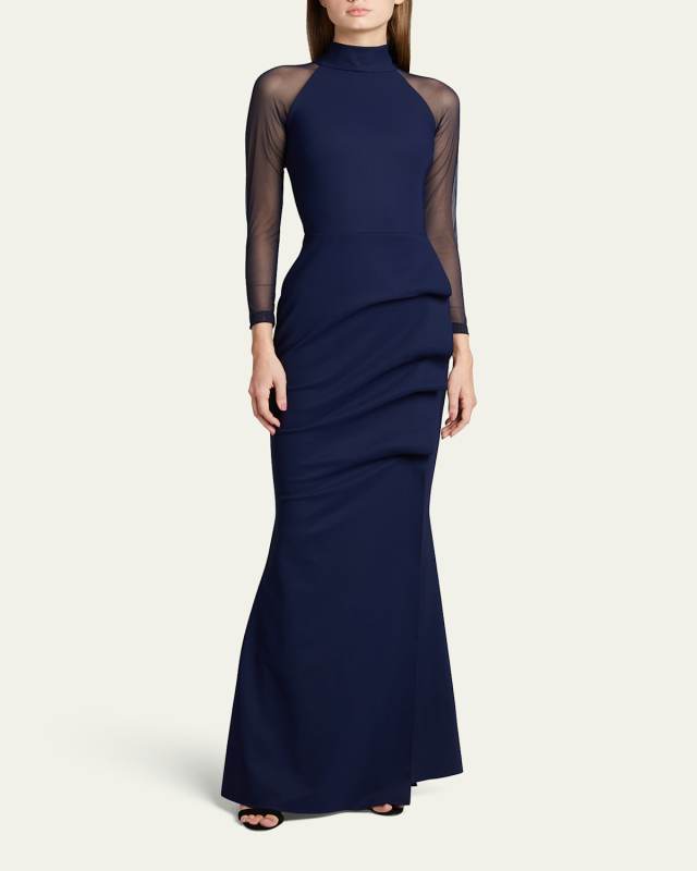 Maylys Mock-Neck Long-Sleeve Illusion Gown